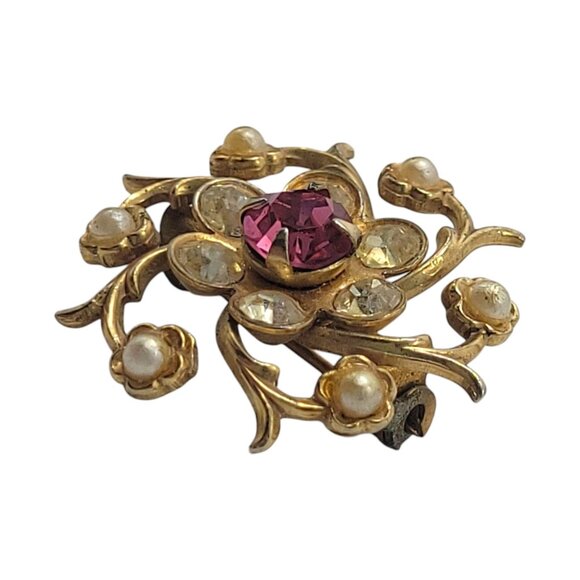Vintage Floral Brooch With Pink Rhinestone & Faux Pearl Accents Gold Tone - Picture 5 of 8